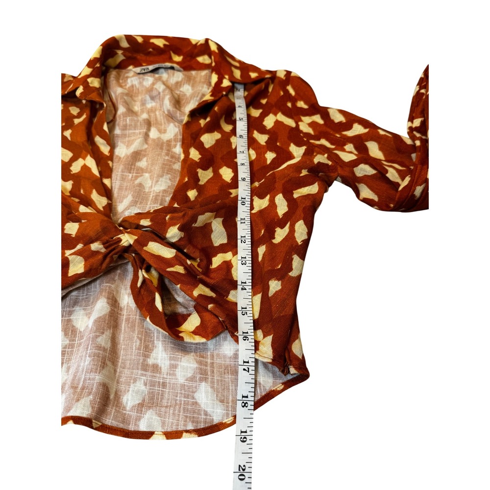 Zara Orange Abstract Print Knot Front Cropped Linen Blend Blouse XS - Picture 5 of 8